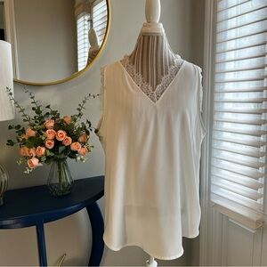 Elegant White Lace Trim Sleeveless Top 2XL